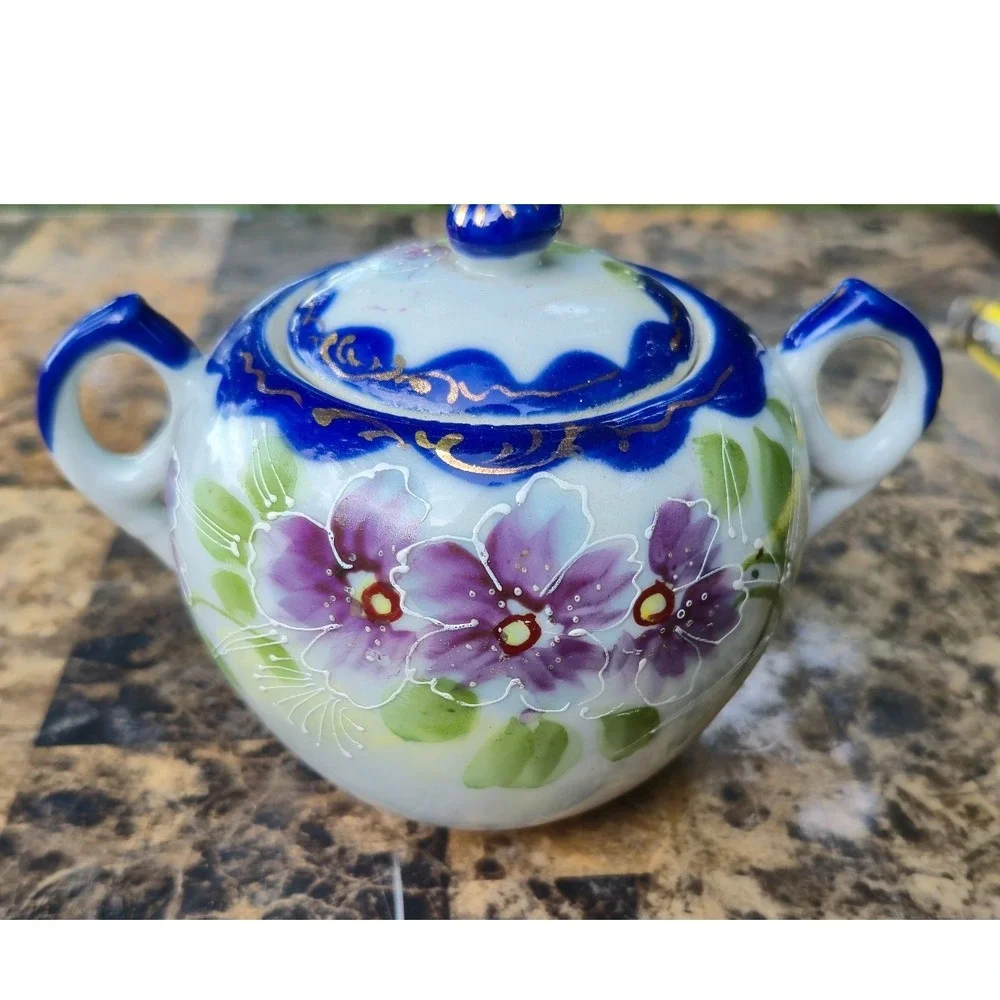 Vintage Made in Japan Hand Painted‎ Floral Tea Pot and Sugar Bowl Cobalt  gold